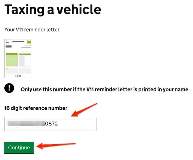 enter v11 16 digit reference number for paying road tax in the UK