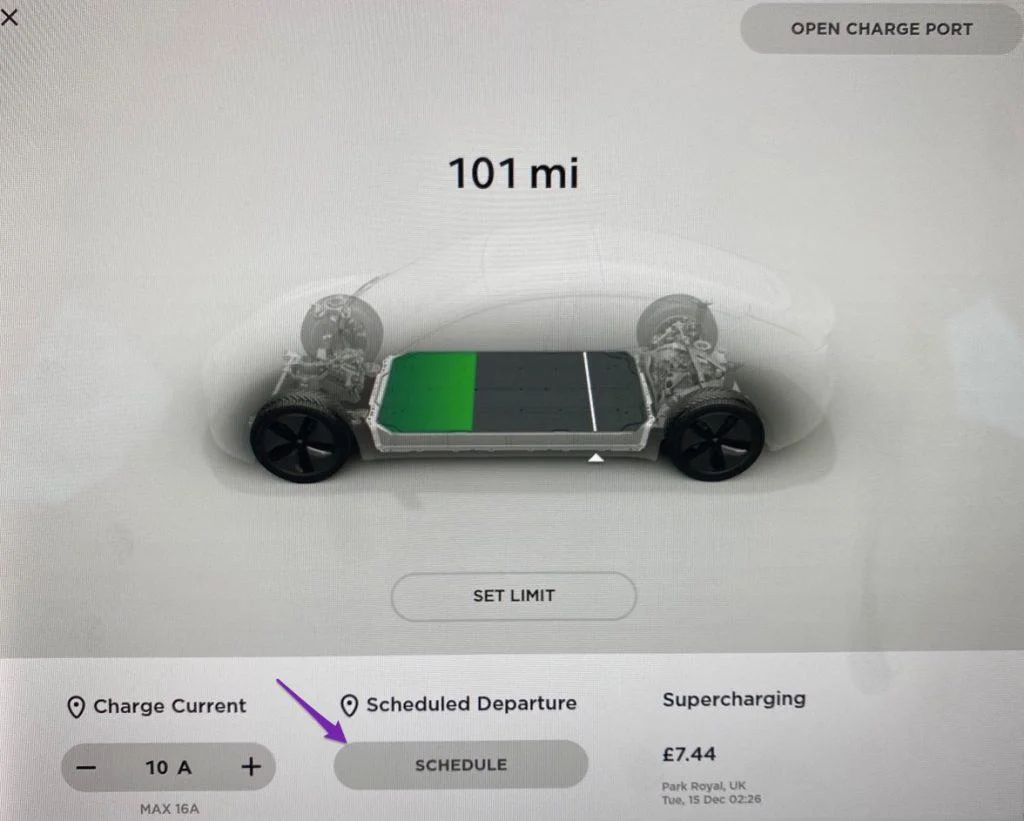 Scheduled departure configuration setting on Tesla Model 3