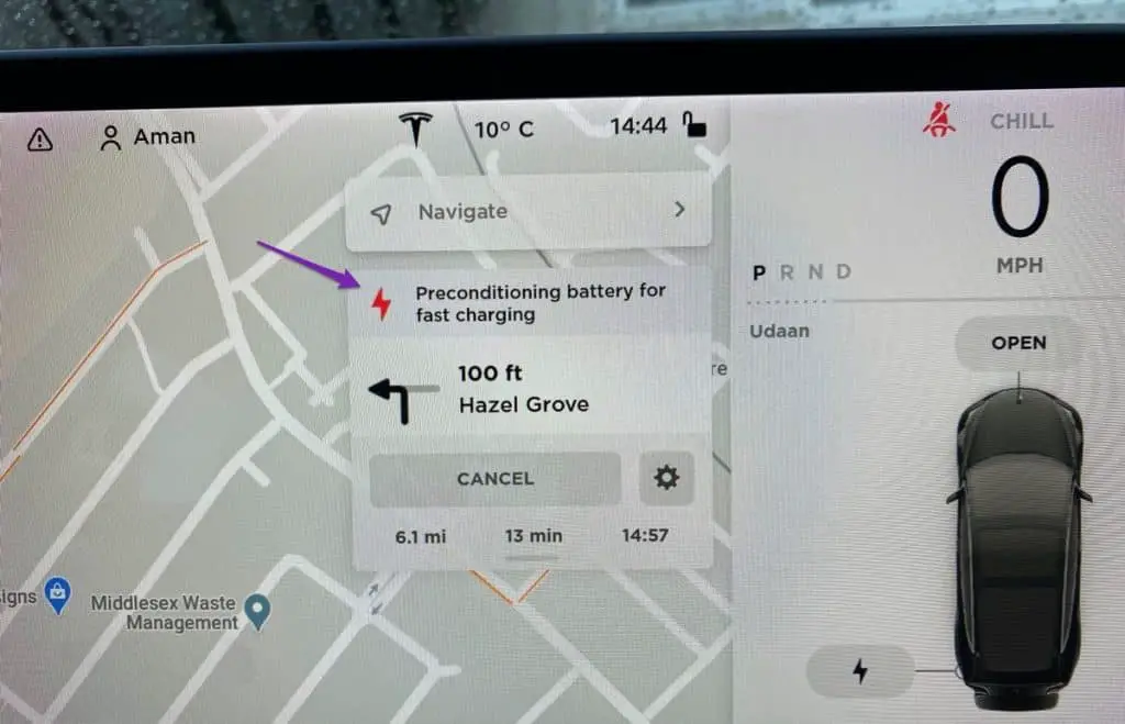 Tesla preconditioning battery for fast charging (navigation)