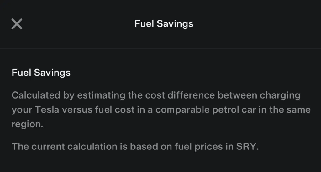 Fuel Savings calculation in the Tesla charge stats section