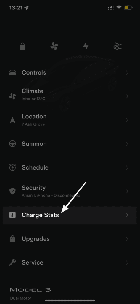 Charge Stats section inside the Tesla mobile app