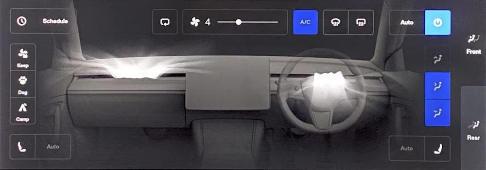 Climate control screen showing Keep, Dog and Camp in Tesla Model 3