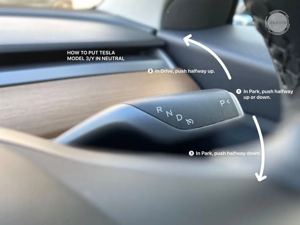 Instructions showing how to put Tesla Model 3 and Y into Neutral Gear