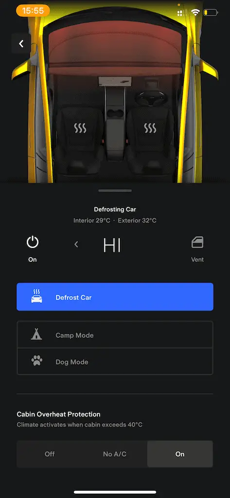 Defrost Car mode On for Tesla battery preconditioning