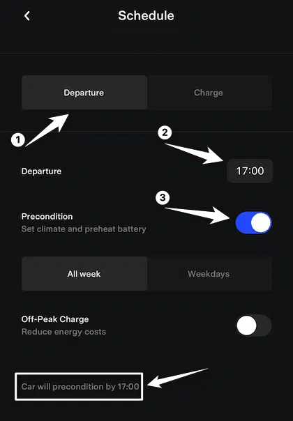 Precondition Tesla battery from App (using Scheduled Departure)
