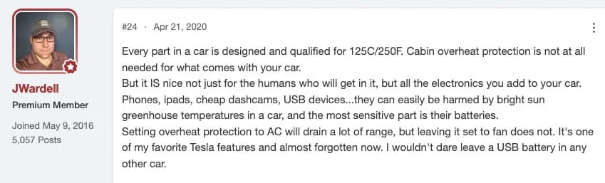 cabin overheat protection on or off (TeslaOwnersOnline User Response)