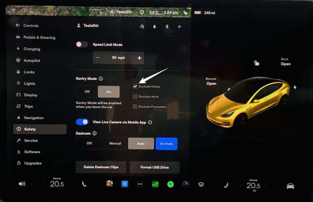 tesla sentry mode exclude home, work and favourites