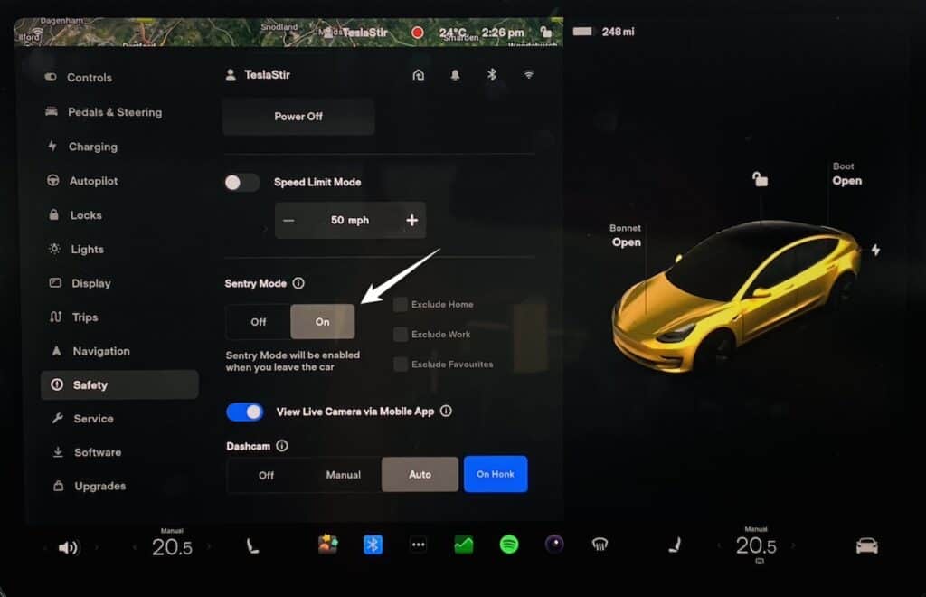 tesla sentry mode setting