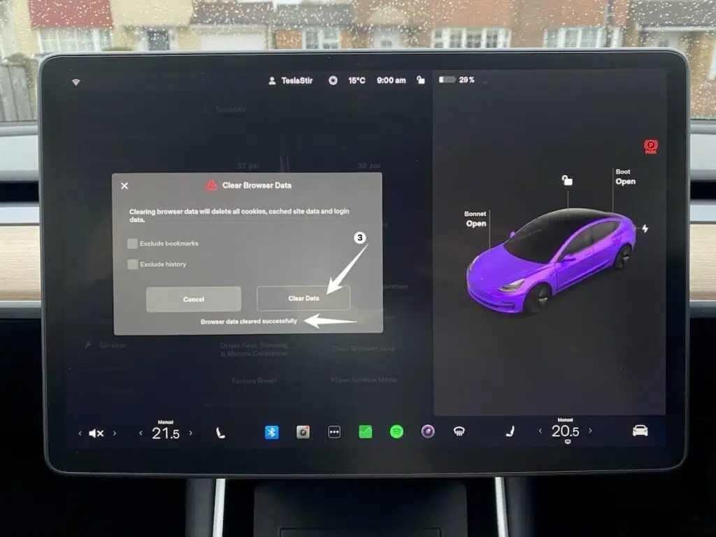 tesla model 3 screen showing confirmation overlay before deleting browsing data
