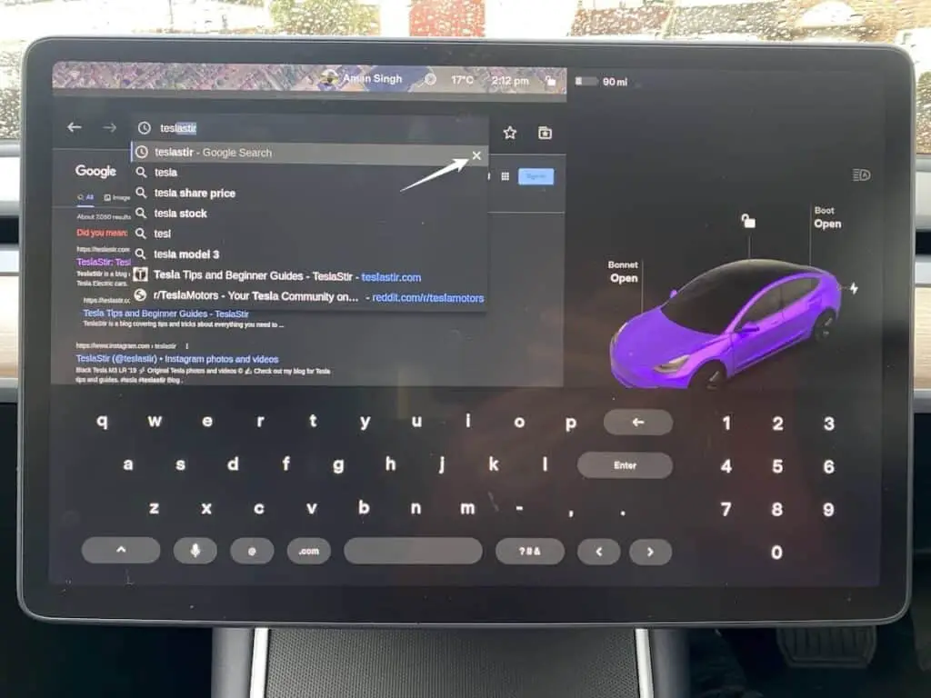 tesla model 3 touchscreen display showing how you can use the close (x) icon to delete individual search query from the browsing history
