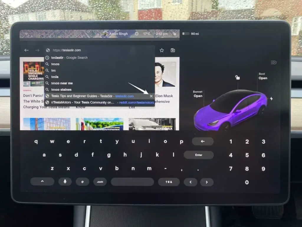 tesla display showing how to delete a single website from the browsing history using the cross (x) icon