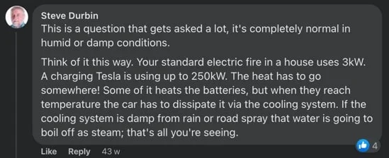 tesla smoking while charging at supercharger due to heated battery: tesla owners UK explanation