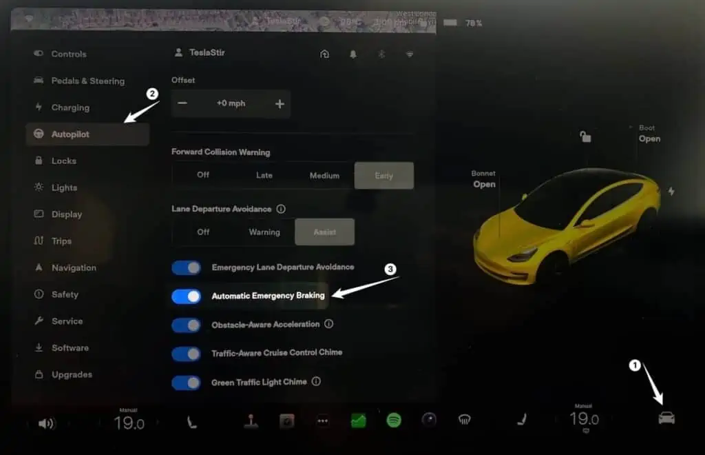 how to enable automatic emergency braking on Tesla