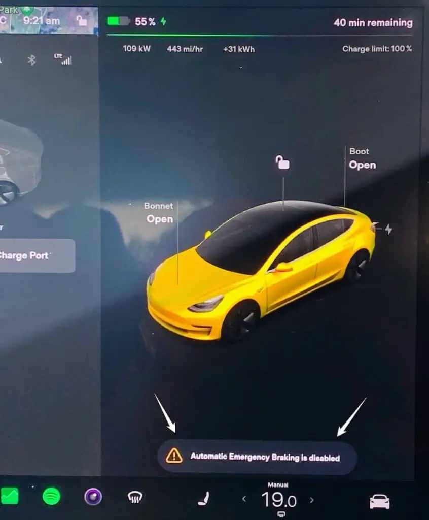 automatic emergency braking is disabled error on Tesla Model 3 screen