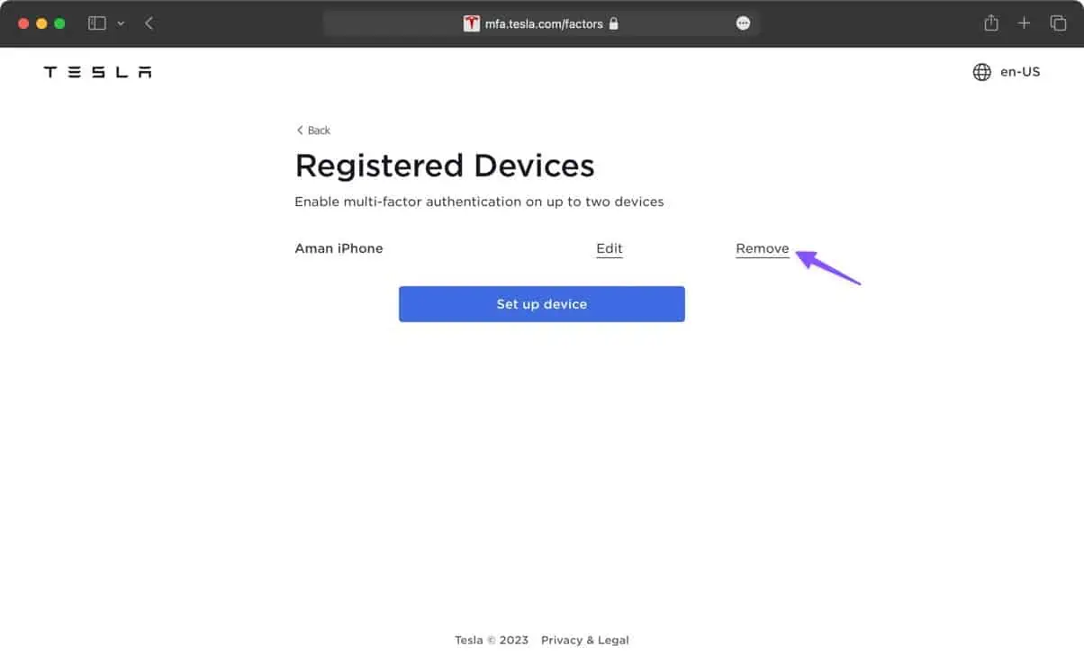 Remove registered multi-factor authentication device from Tesla account