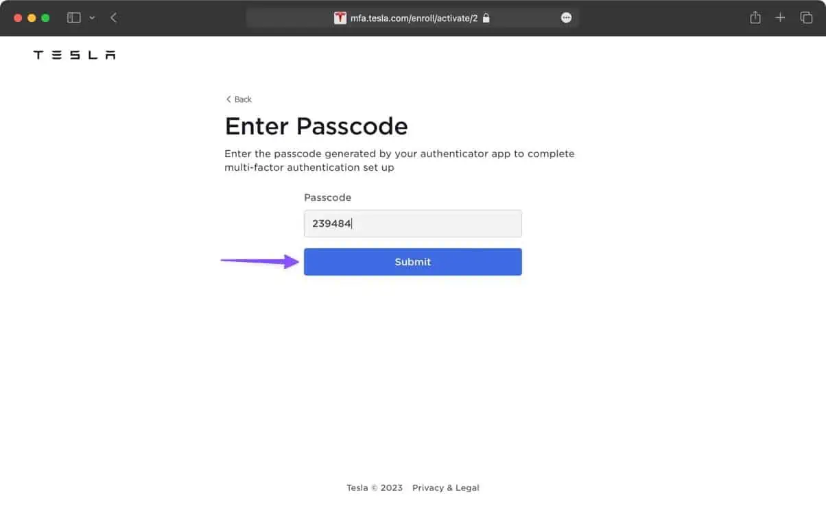 Enter authentication passcode to complete mfa setup