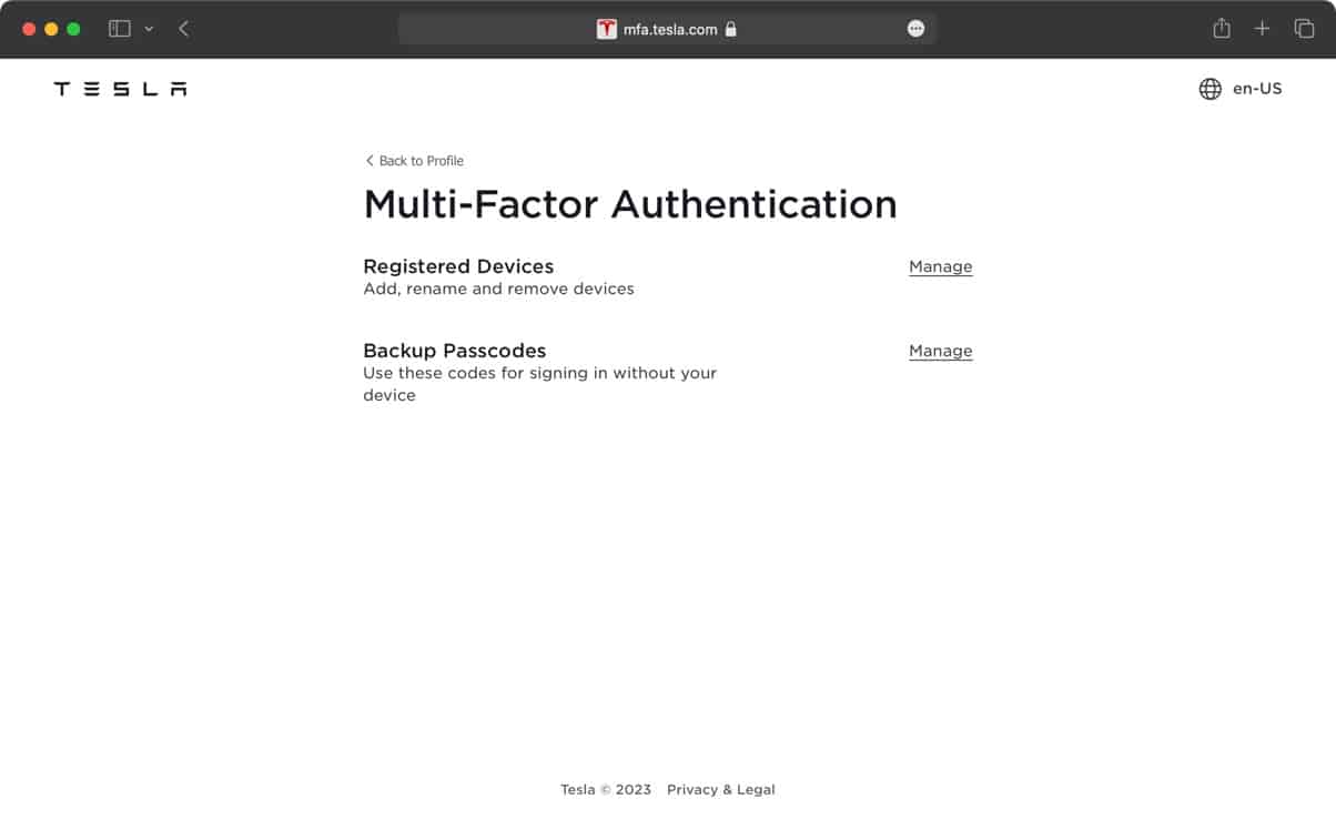Manage Tesla MFA