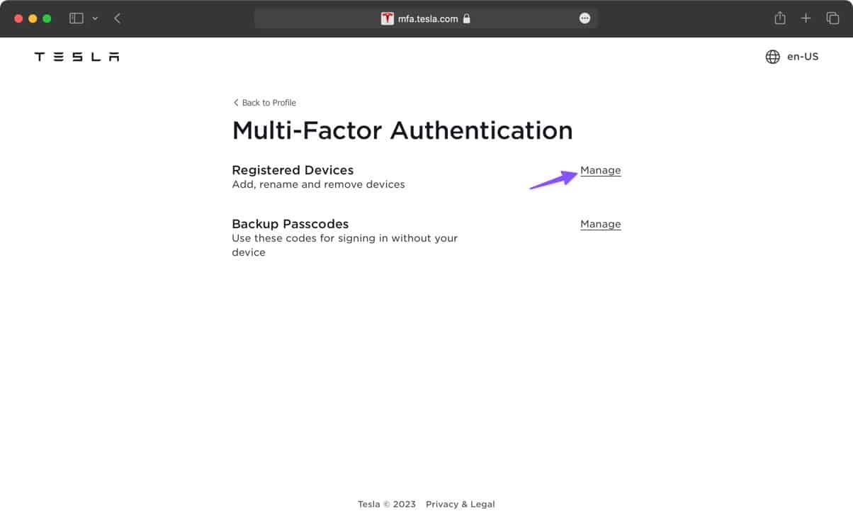 how to manage registered multi-factor authentication devices on Tesla Account