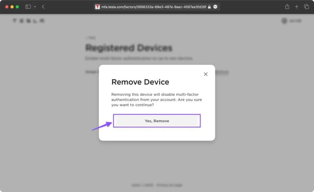 Tesla MFA device removal confirmation pop-up