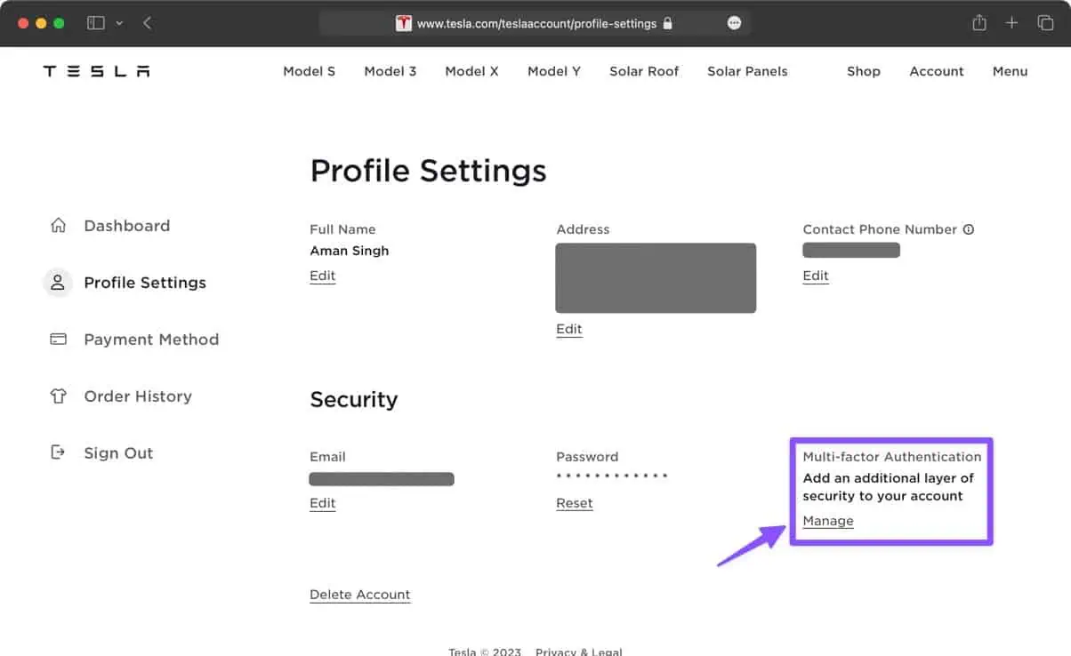 Tesla Account Profile Settings Multi factor Authentication