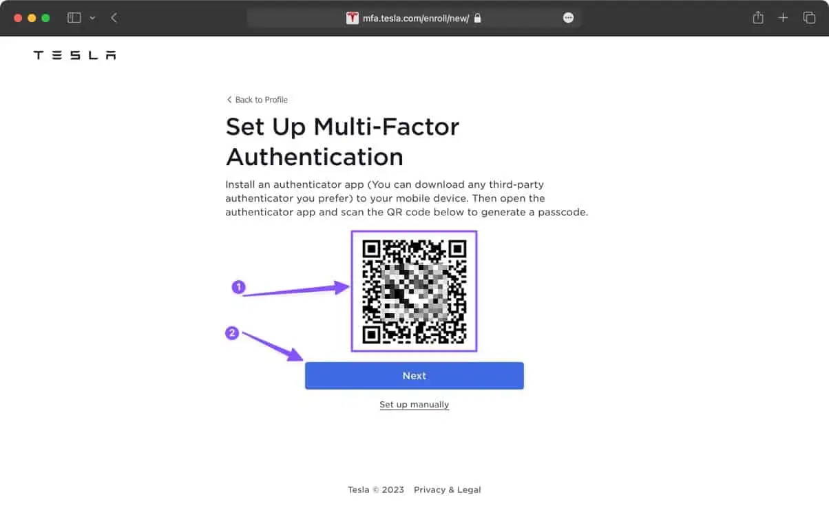 Tesla MFA setup Scan QR Code with authenticator app
