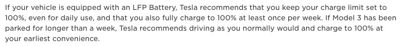 Tesla recommendation on LFP battery charging