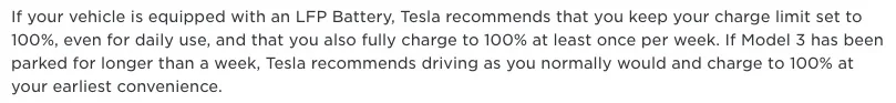 Tesla recommendation on LFP battery charging