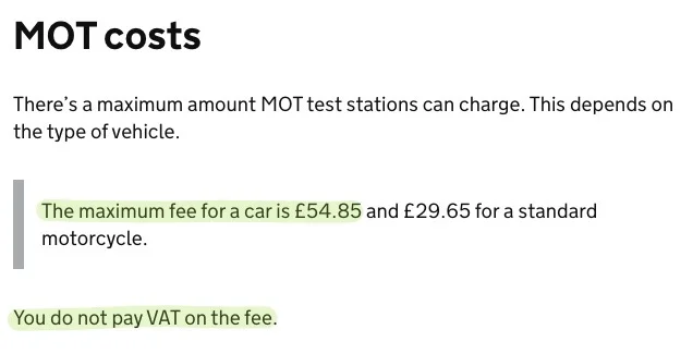 MOT costs maximum of £54.85 set by DVLA UK.