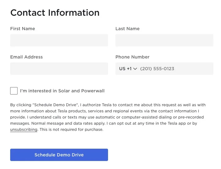 provide your contact information for tesla demo drive appointment