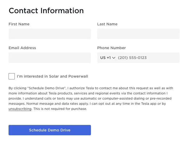 provide your contact information for tesla demo drive appointment