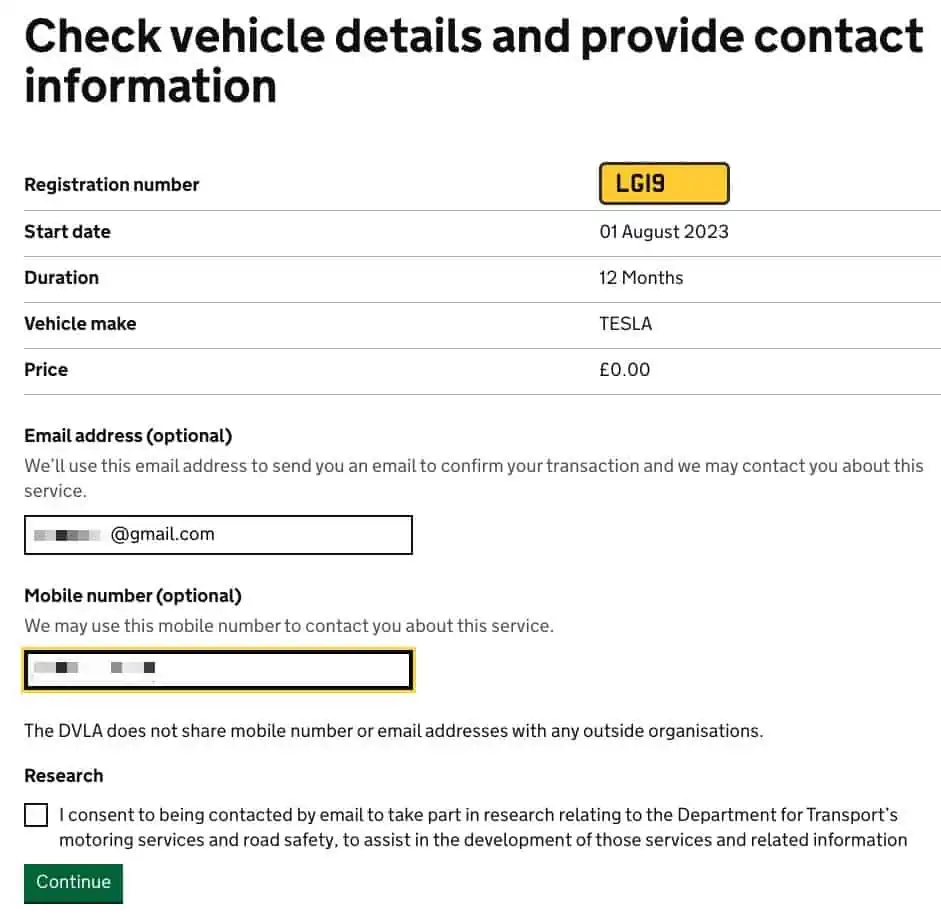 final review screen showing the amount to be paid to tax an EV like Tesla in the UK