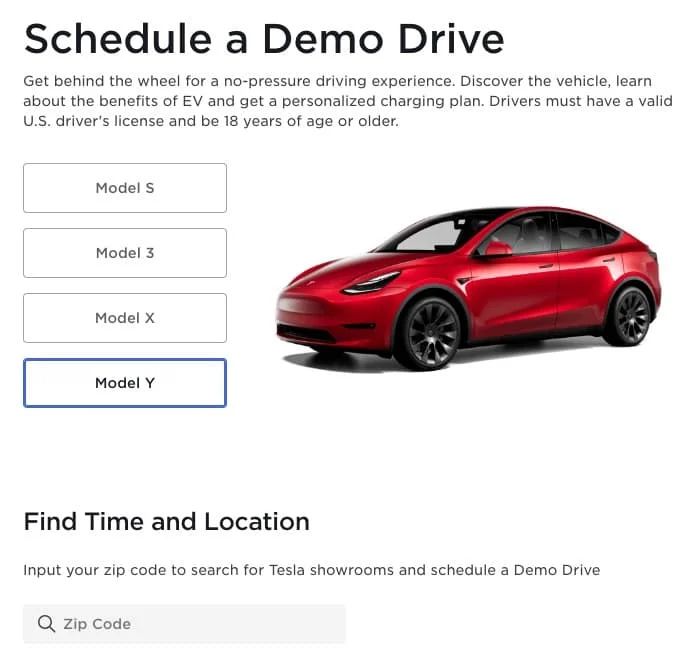 schedule a demo drive for Tesla - USA