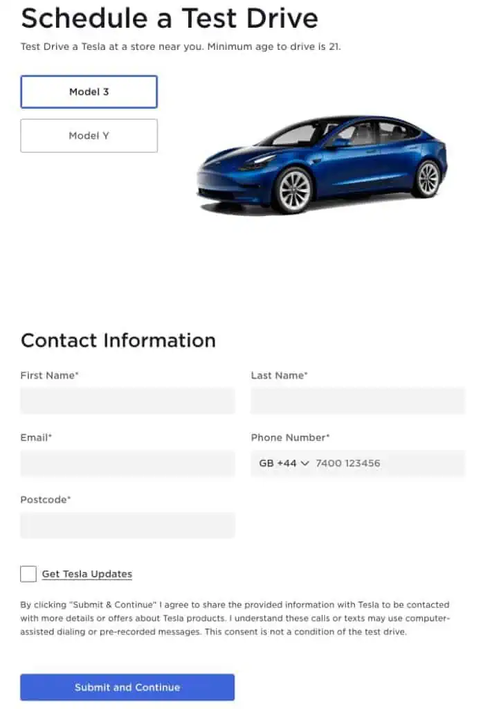 schedule a Tesla test drive - UK
