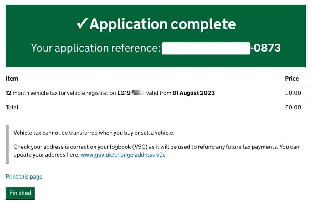 Confirmation for tesla road tax successfully completed in the UK