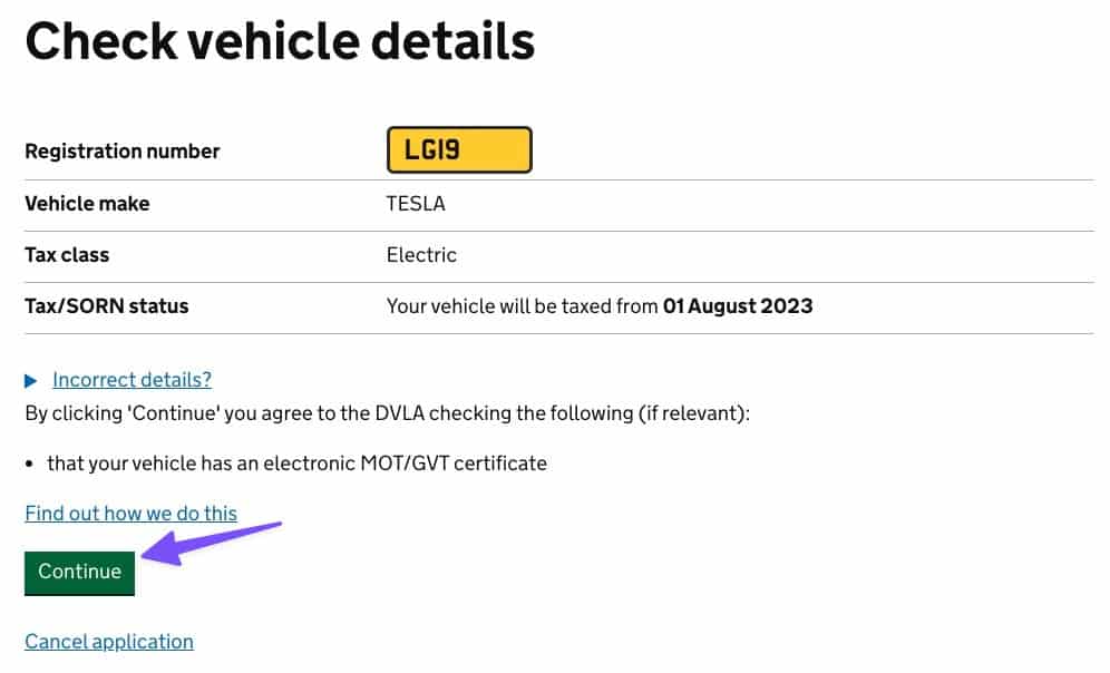 review and check vehicle details during paying Tesla road tax in the UK