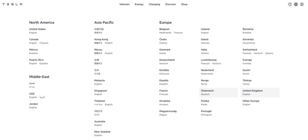 tesla website global regions