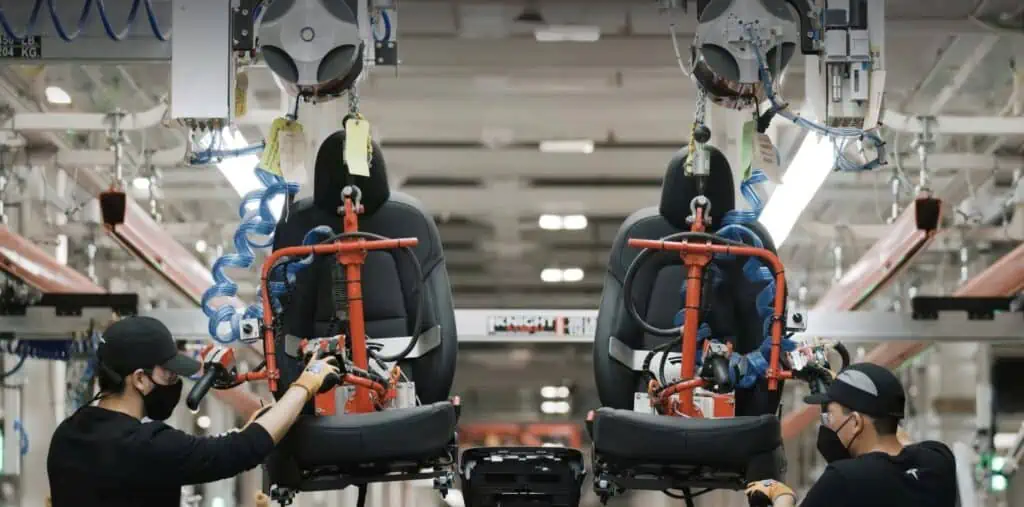 seats assembly line at tesla gigafactory