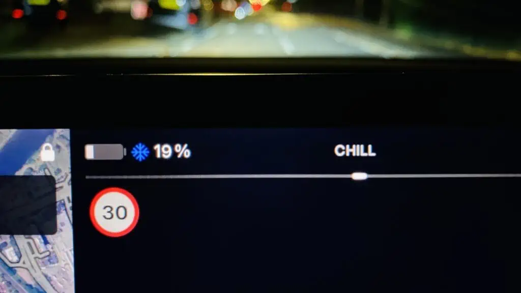 blue snowflake icon on Tesla Model 3 screen in Chill Mode