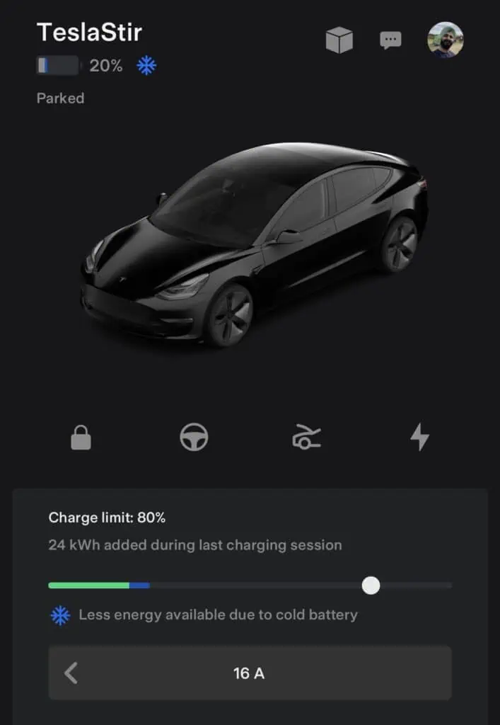 blue snowflake icon next to the battery indicator on charging screen in Tesla mobile app